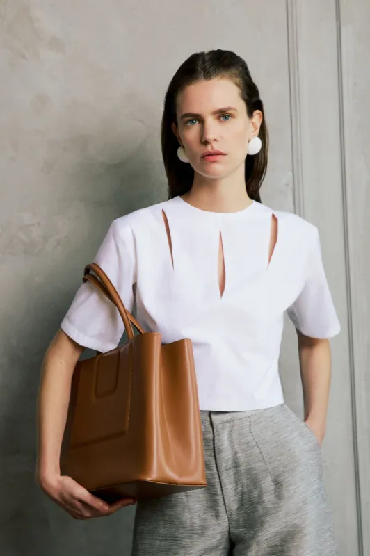 CAMEL Structured Leather Tote sold by DESTREE