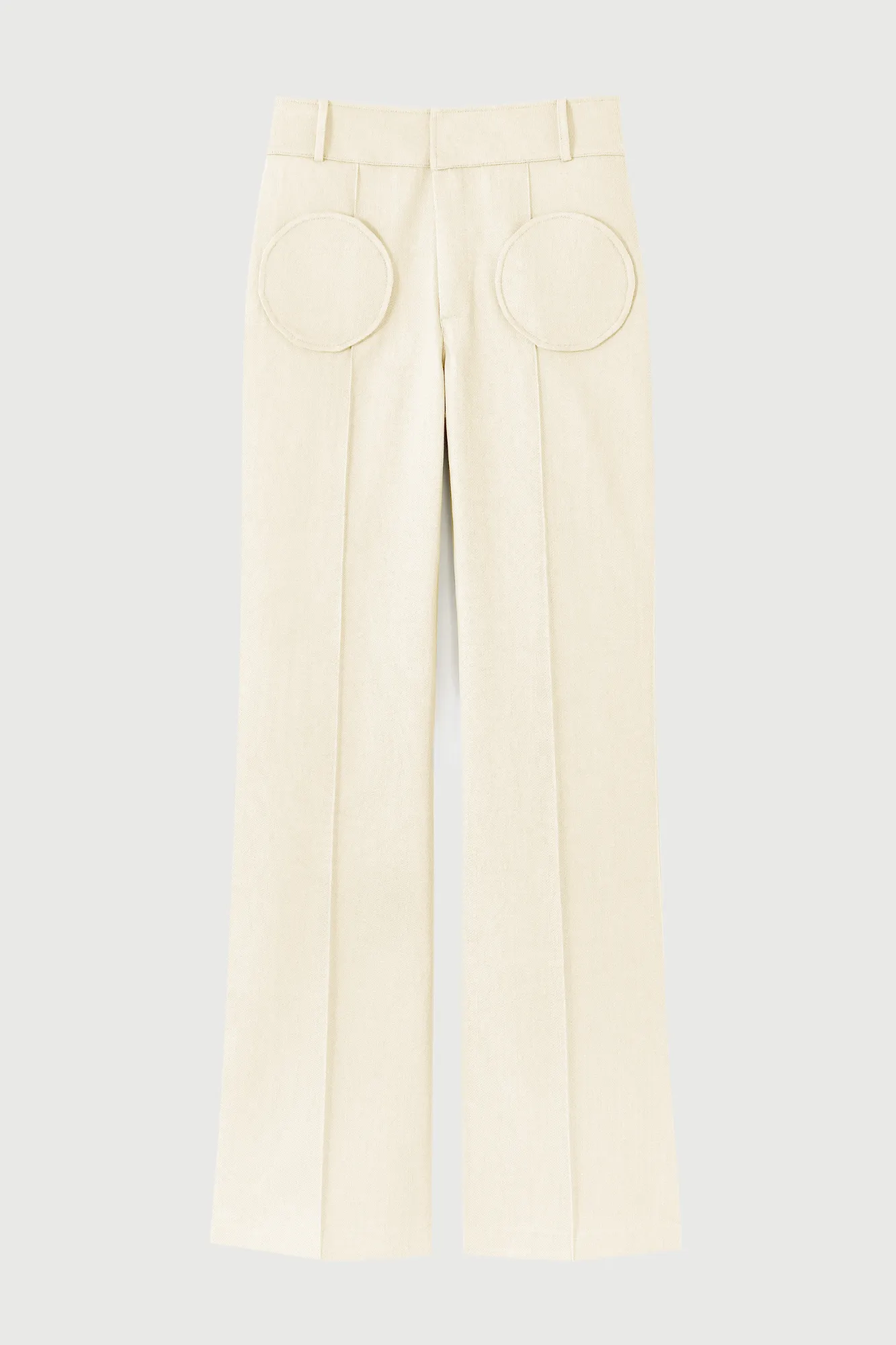 Denim ecru flared pants with circular pocket details sold by DESTREE