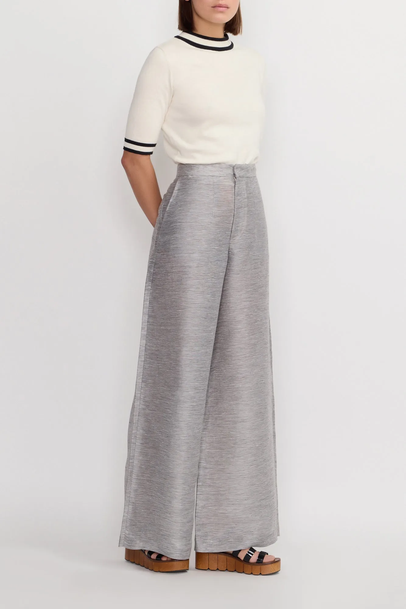 Striped grey wide-leg pants with a tailored fit sold by DESTREE product image thumbnail 3