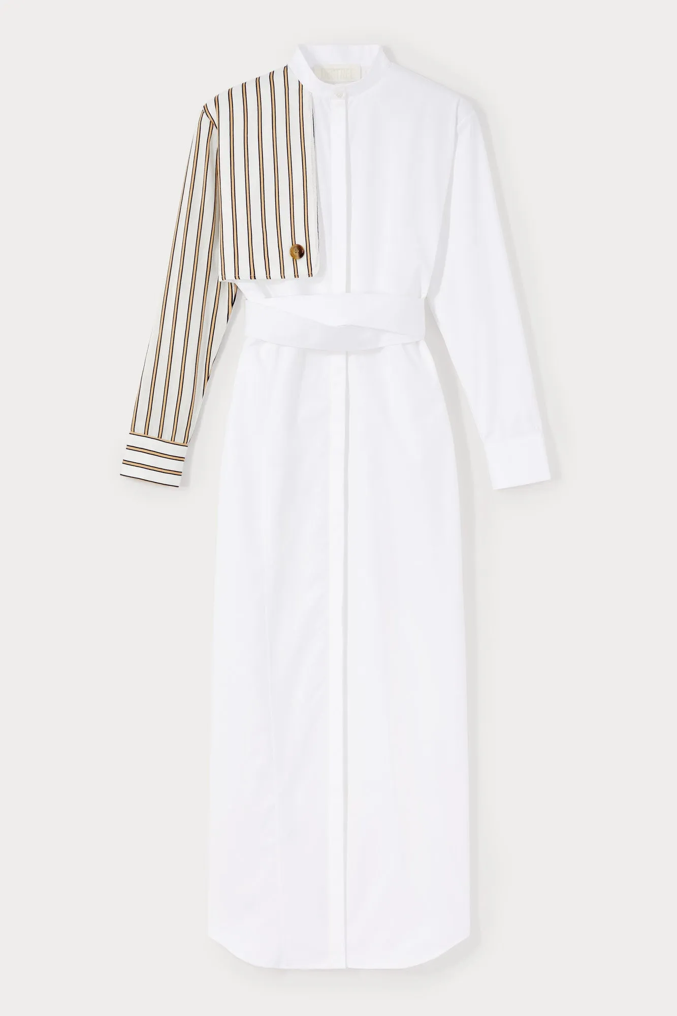 White and striped asymmetrical shirt dress sold by DESTREE