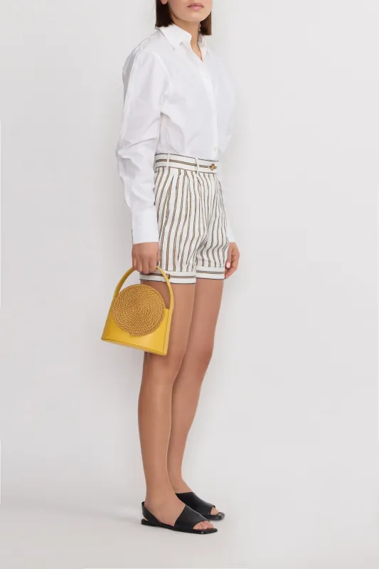 White and brown striped tailored shorts made by DESTREE