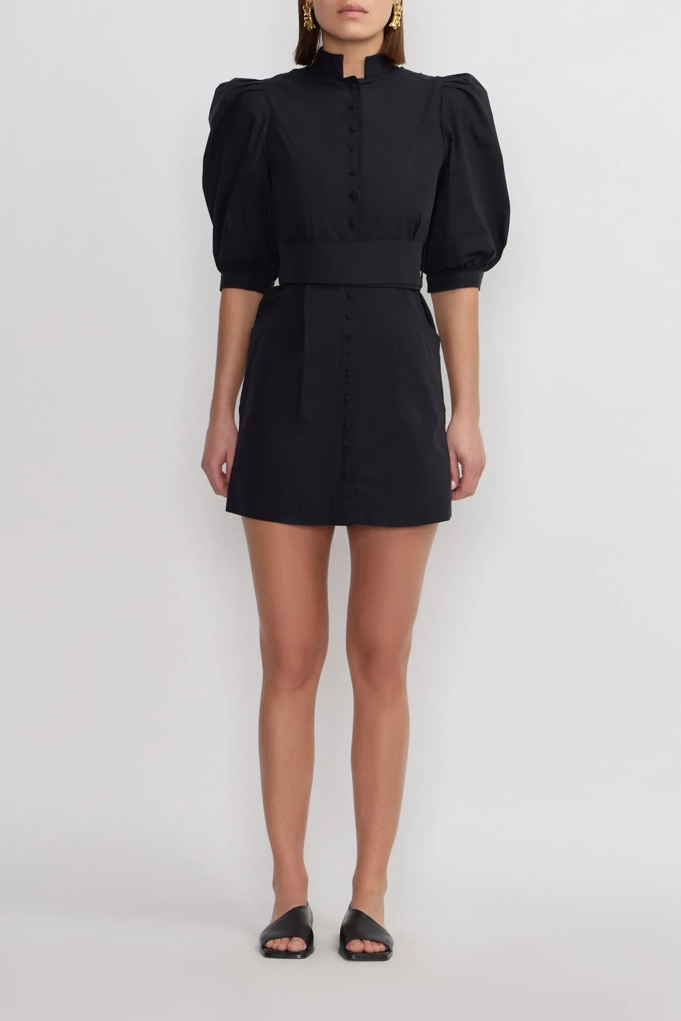Black cotton puff sleeve short dress sold by DESTREE