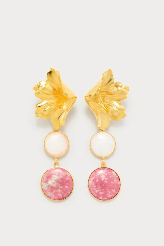 Gold flower stud earrings with bicolor drop sold by DESTREE