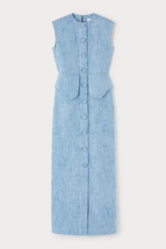 Denim washed blue button-front maxi dress sold by DESTREE