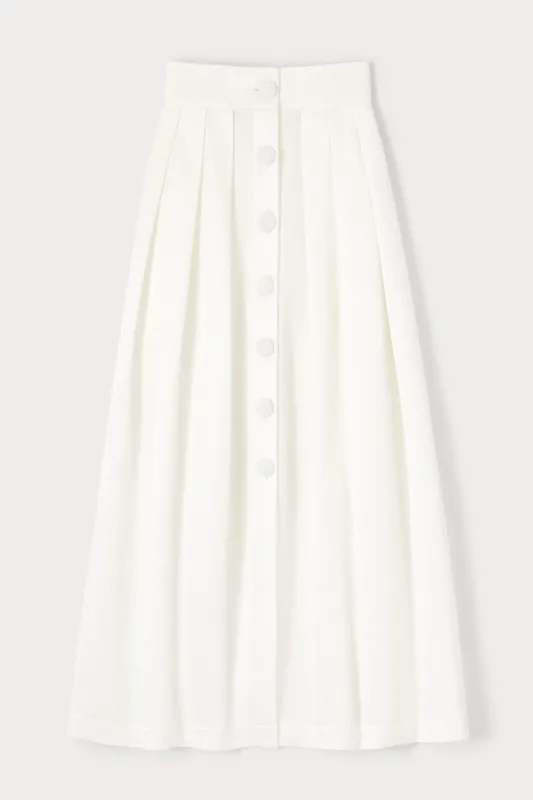 White button-front pleated maxi skirt sold by DESTREE