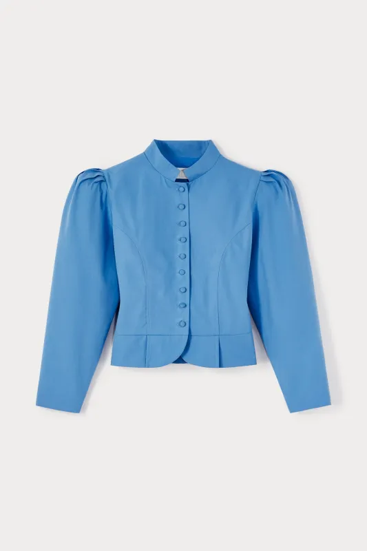 Blue cotton puff sleeve jacket sold by DESTREE