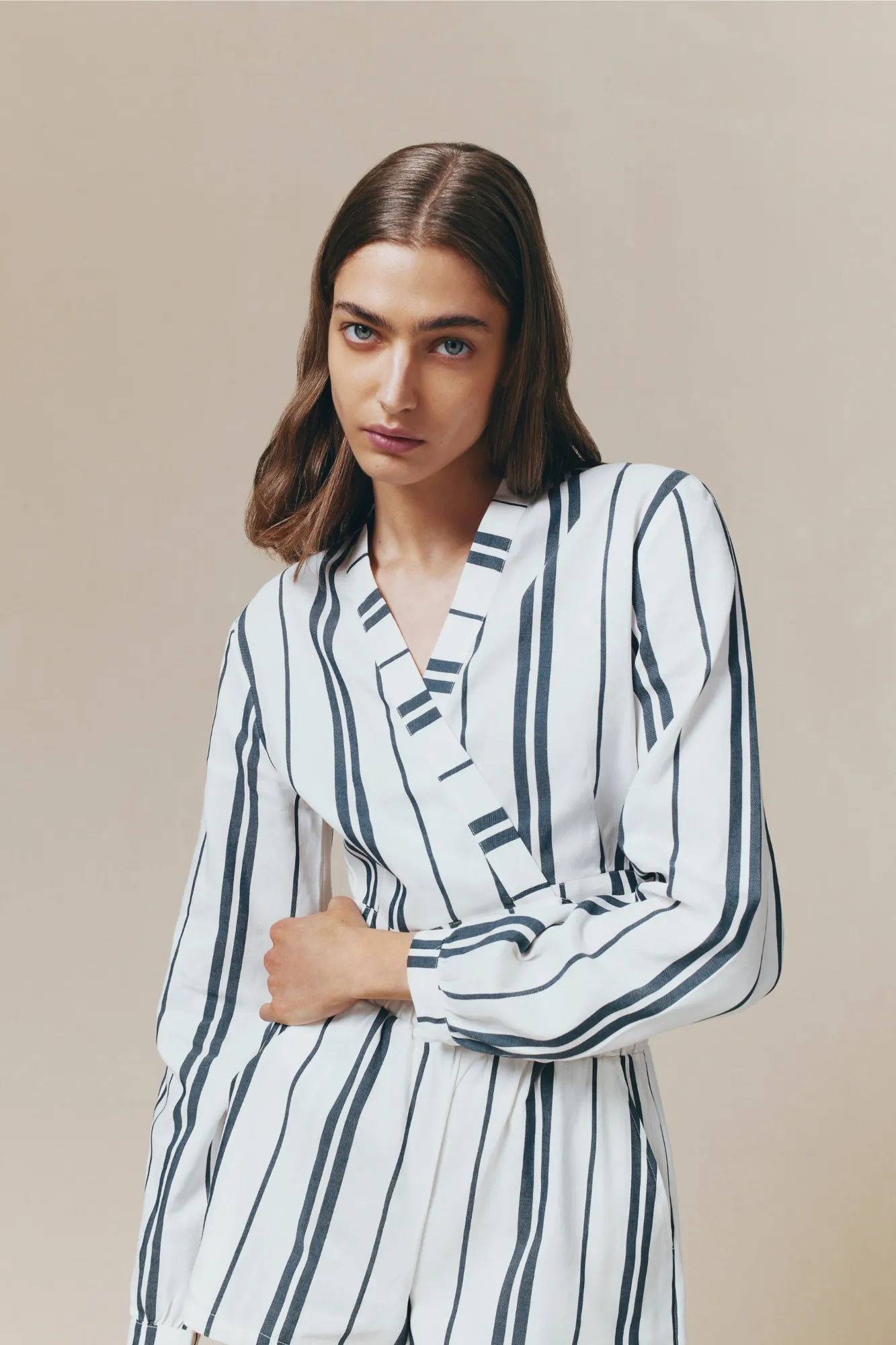 White and blue striped cropped shirt with tie detail sold by DESTREE product image thumbnail 4