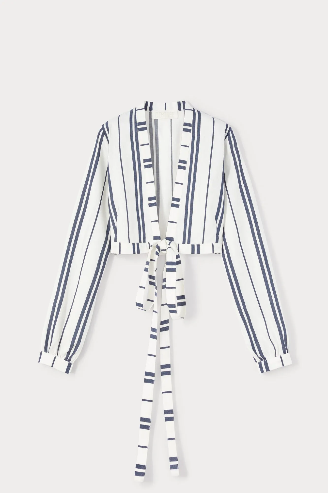 White and blue striped cropped shirt with tie detail sold by DESTREE