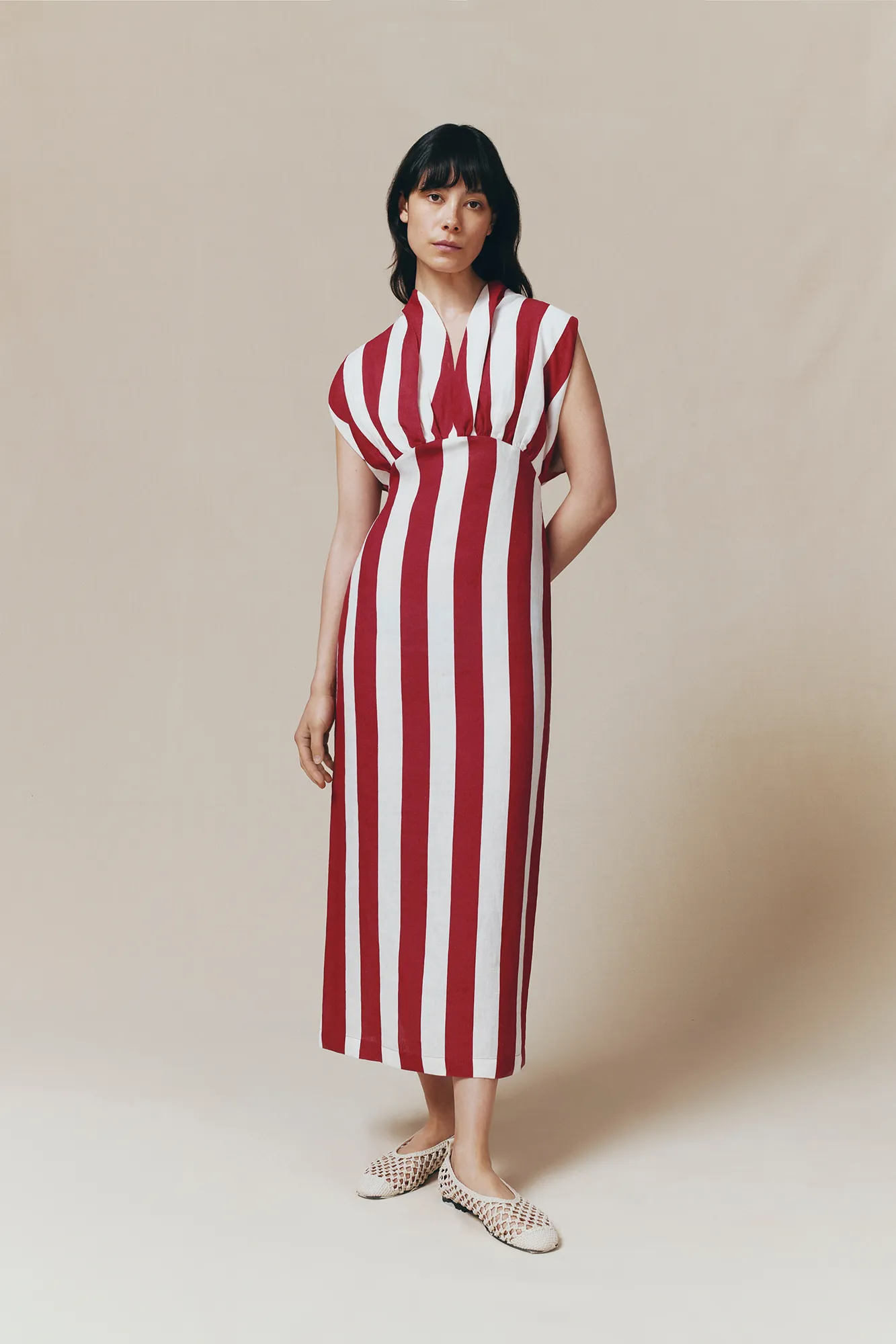 White and fuchsia linen sleeveless maxi dress sold by DESTREE