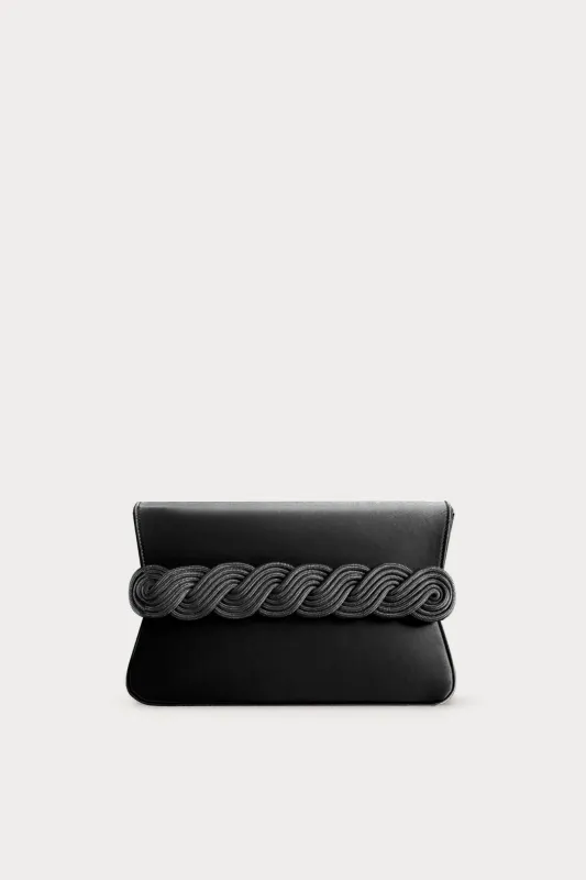 Black satin clutch with braided passementerie made by DESTREE