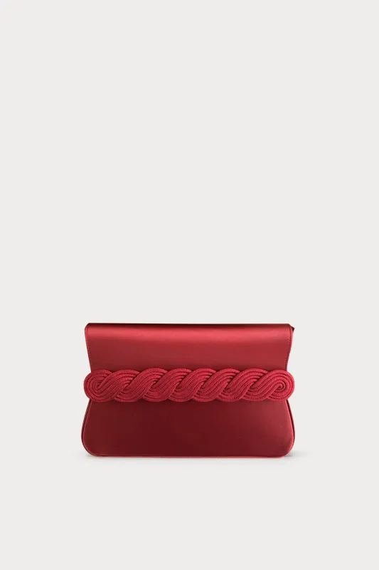 Red satin clutch with braided passementerie made by DESTREE