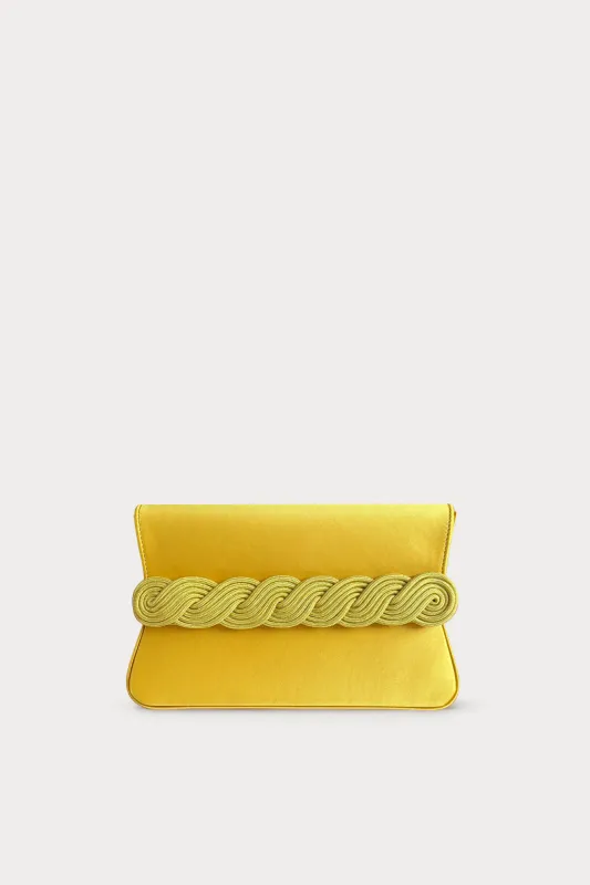 Yellow satin clutch with braided passementerie made by DESTREE