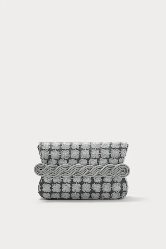 Grey glitters clutch with braided passementerie made by DESTREE