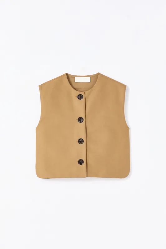 Camel buttoned cotton sleeveless  vest sold by DESTREE