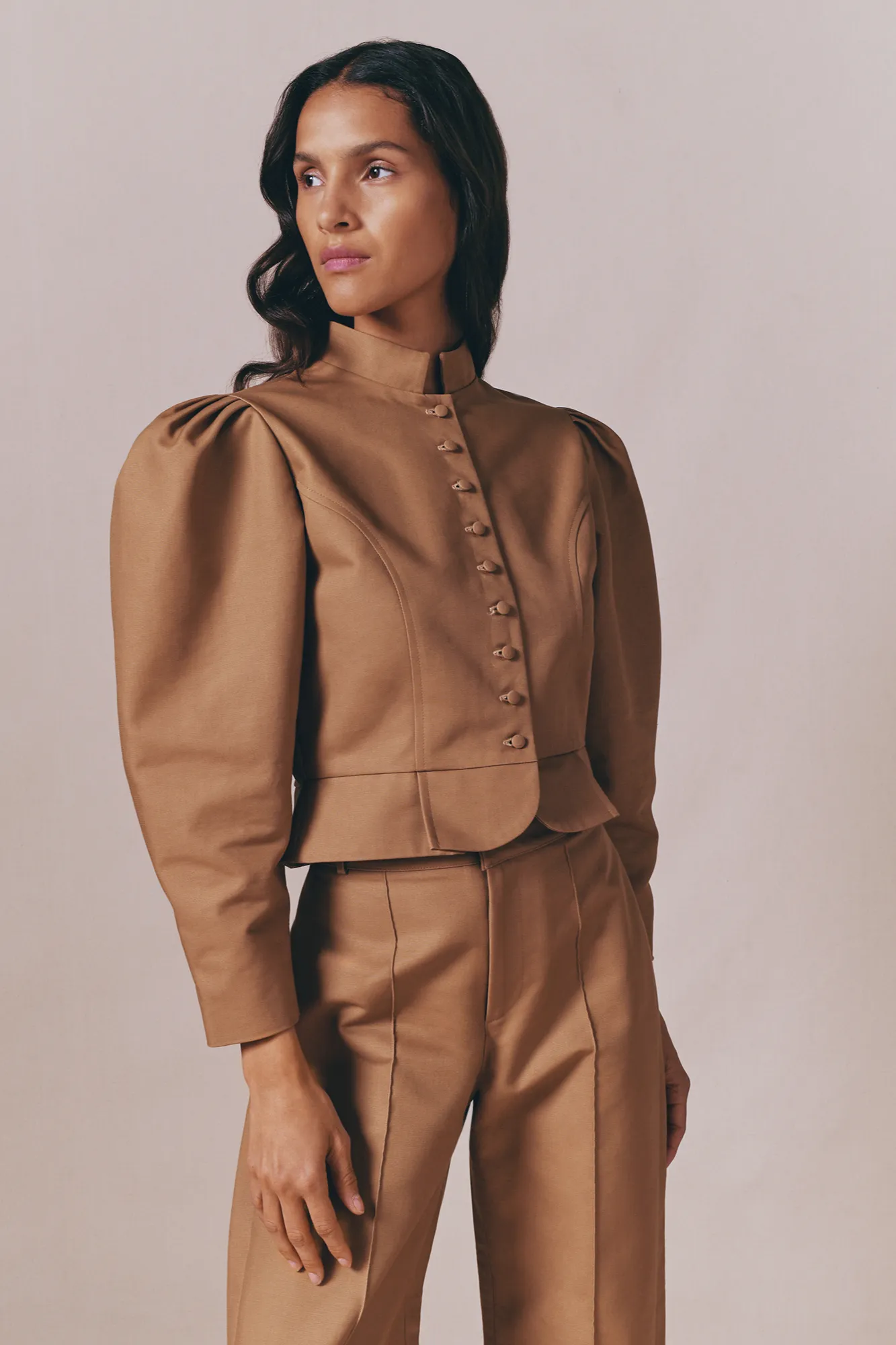 Camel cotton puff sleeve jacket sold by DESTREE product image thumbnail 2