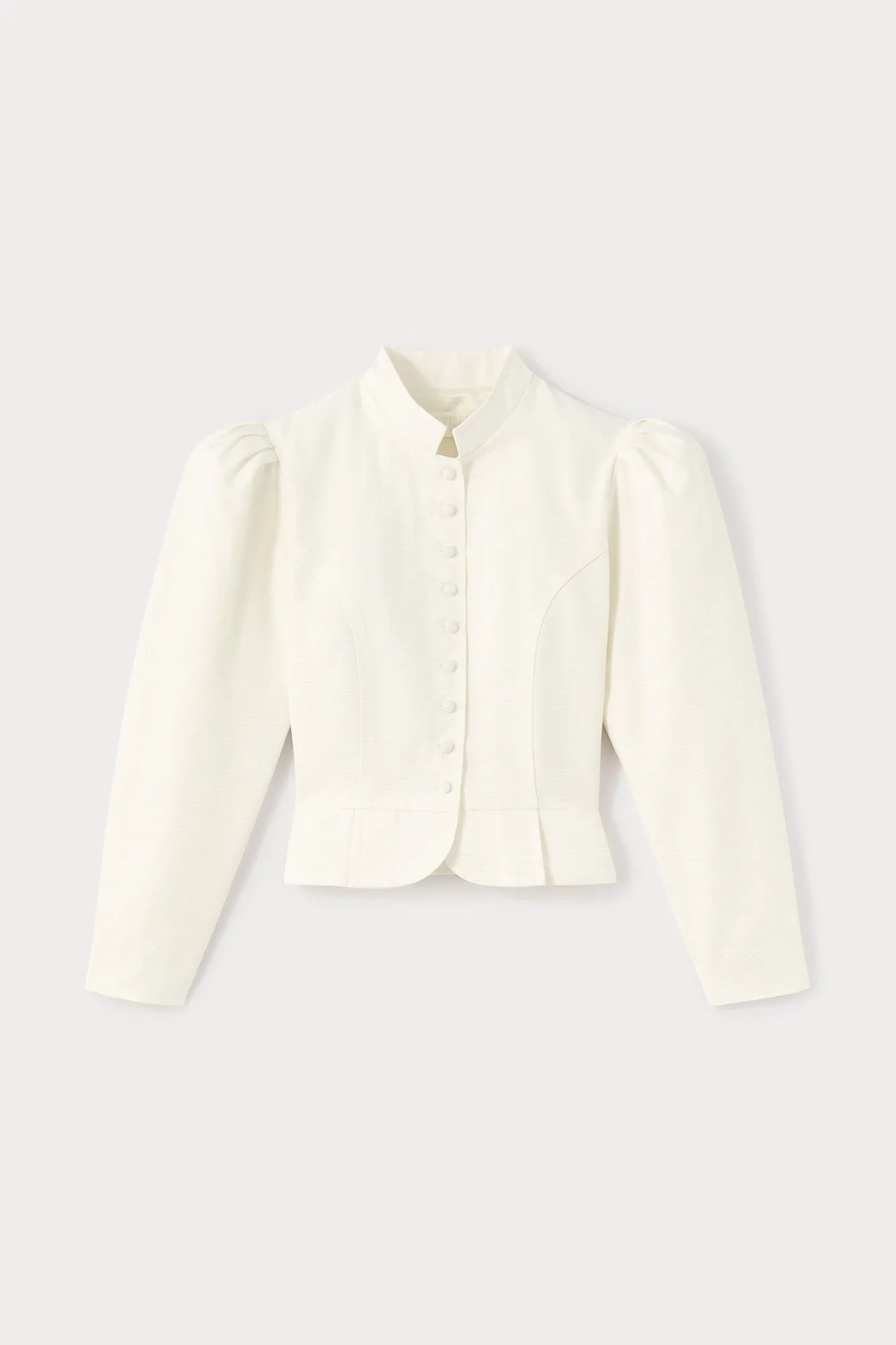 Ecru textured puff sleeve jacket sold by DESTREE