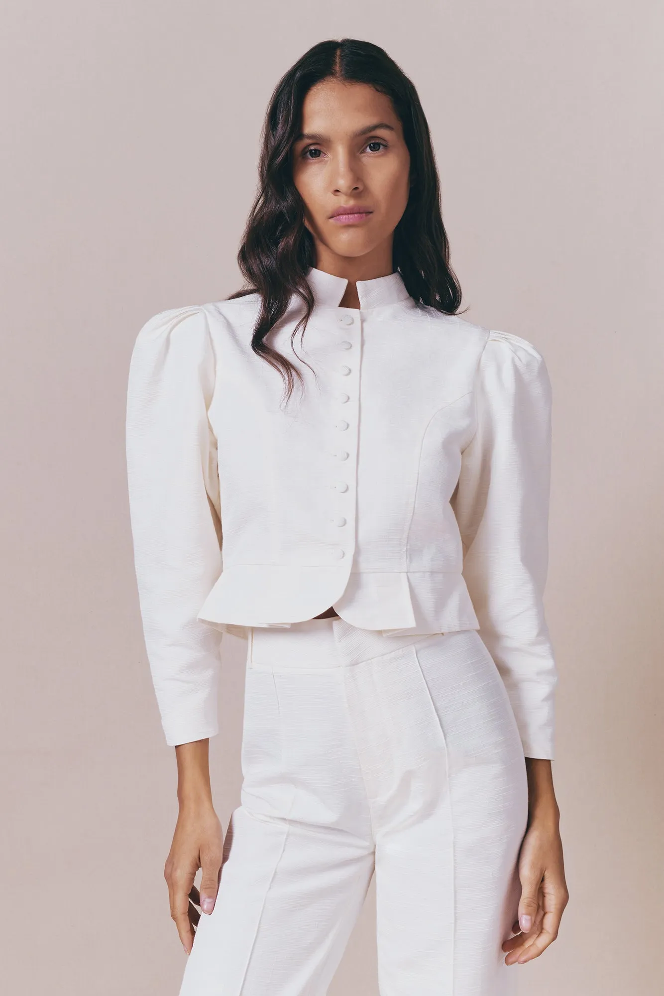 Ecru textured puff sleeve jacket sold by DESTREE product image thumbnail 2