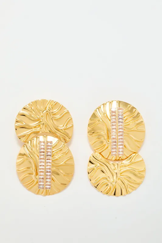 Gold earrings with double ribbed medallions made by DESTREE