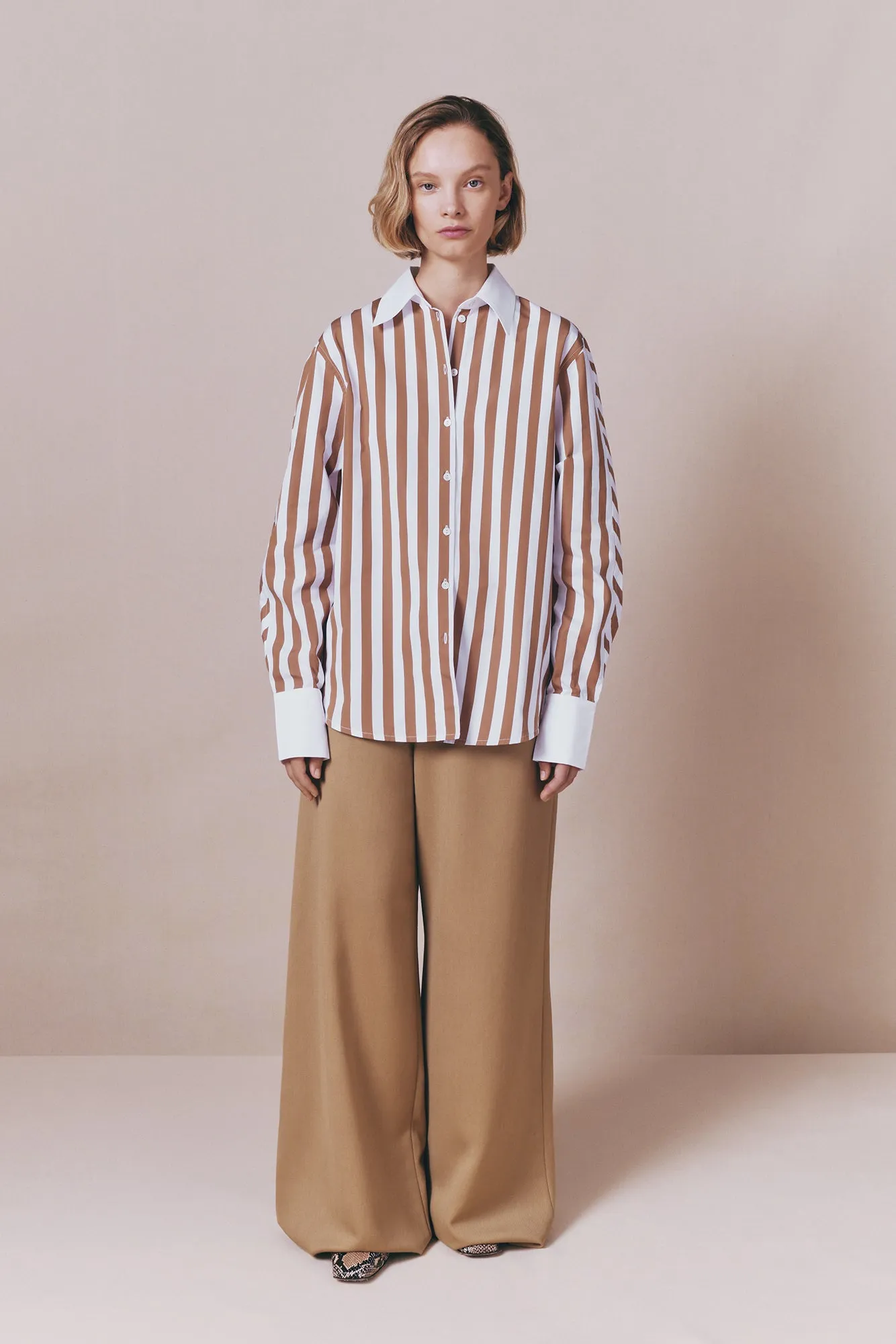 White and camel striped button-up shirt sold by DESTREE product image thumbnail 2