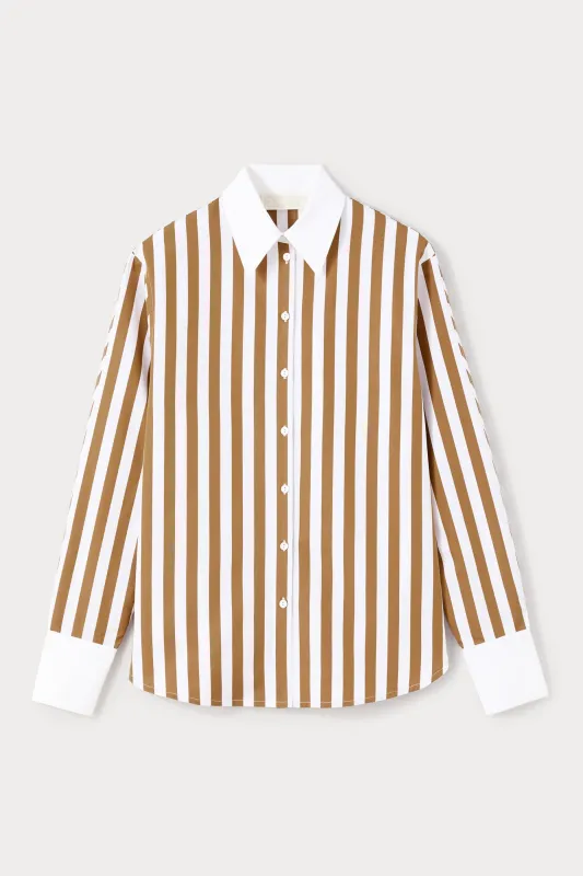 White and camel striped button-up shirt sold by DESTREE