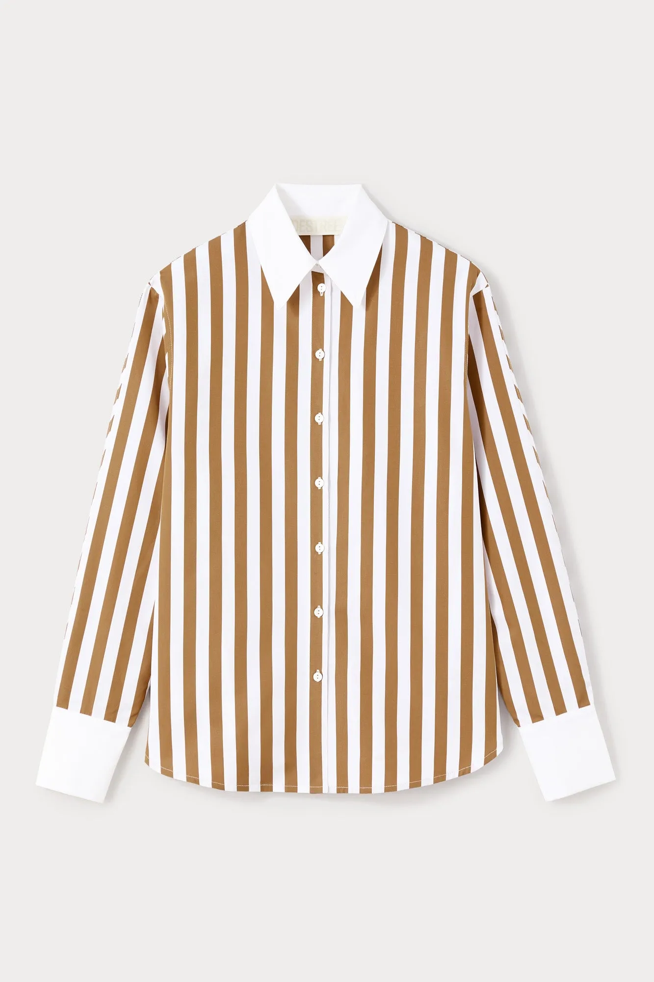White and camel striped button-up shirt sold by DESTREE