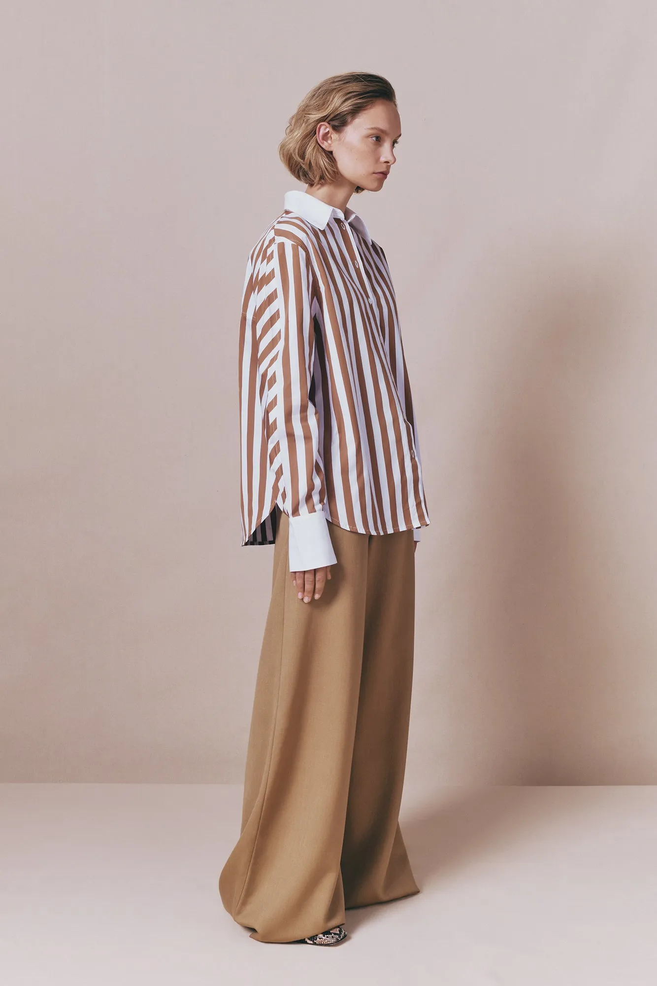 White and camel striped button-up shirt sold by DESTREE product image thumbnail 3