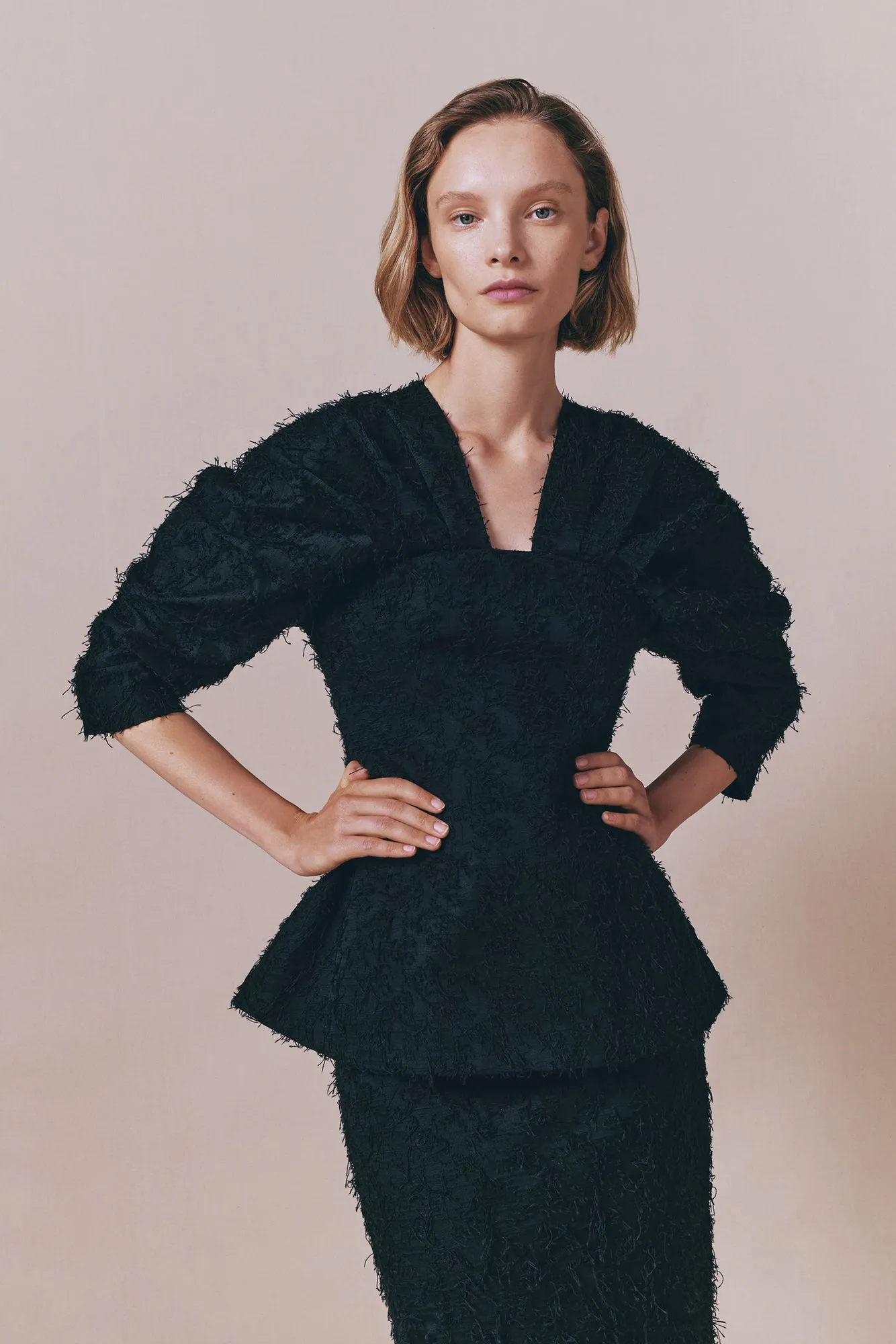 Black textured top with structured sleeves sold by DESTREE product image thumbnail 3