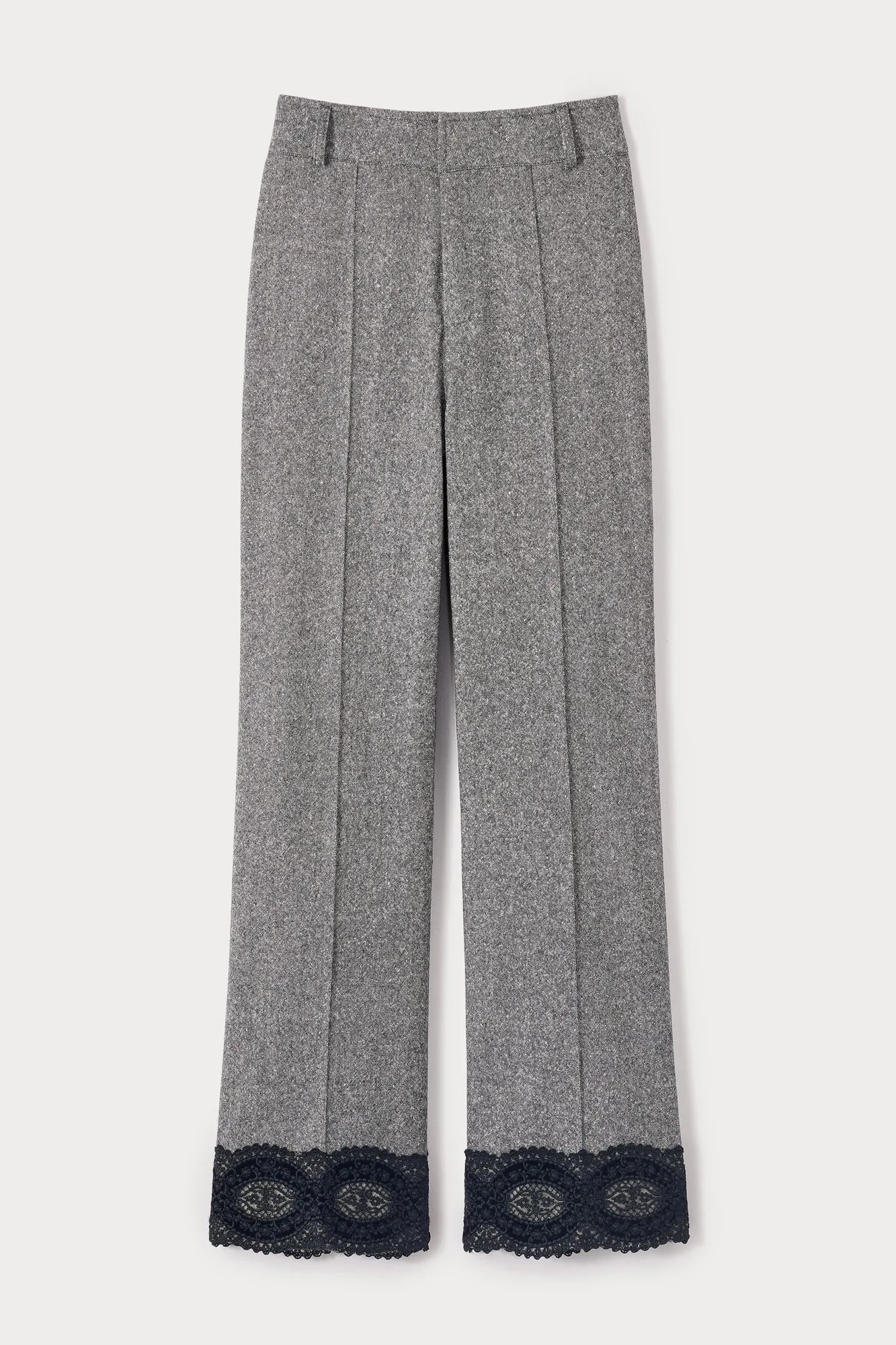 Grey flannel trousers with lace hem sold by DESTREE
