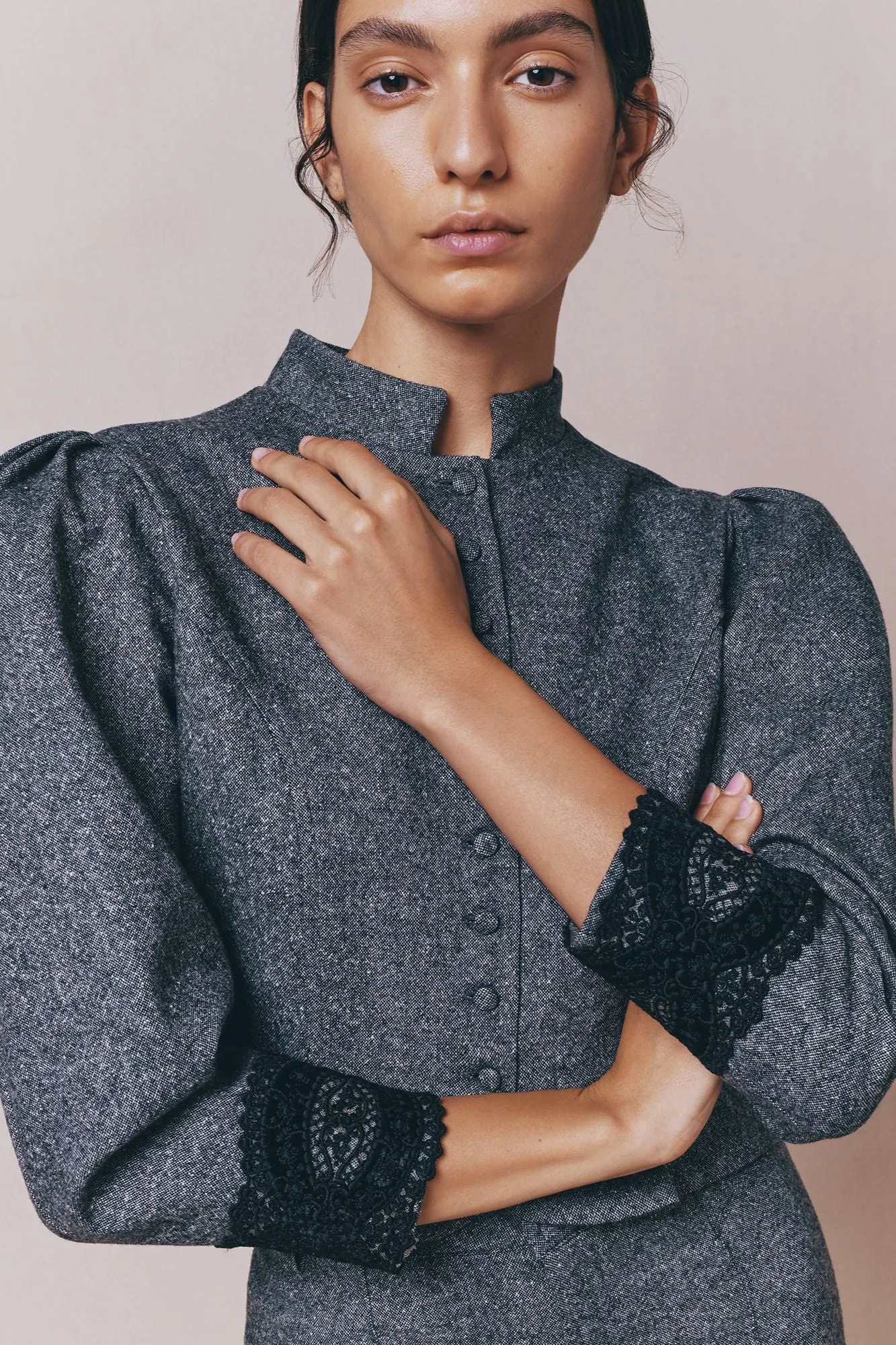 Grey flannel puff sleeves jacket sold by DESTREE product image thumbnail 3