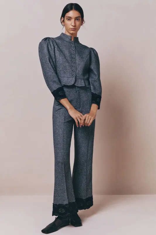 Grey flannel puff sleeves jacket sold by DESTREE