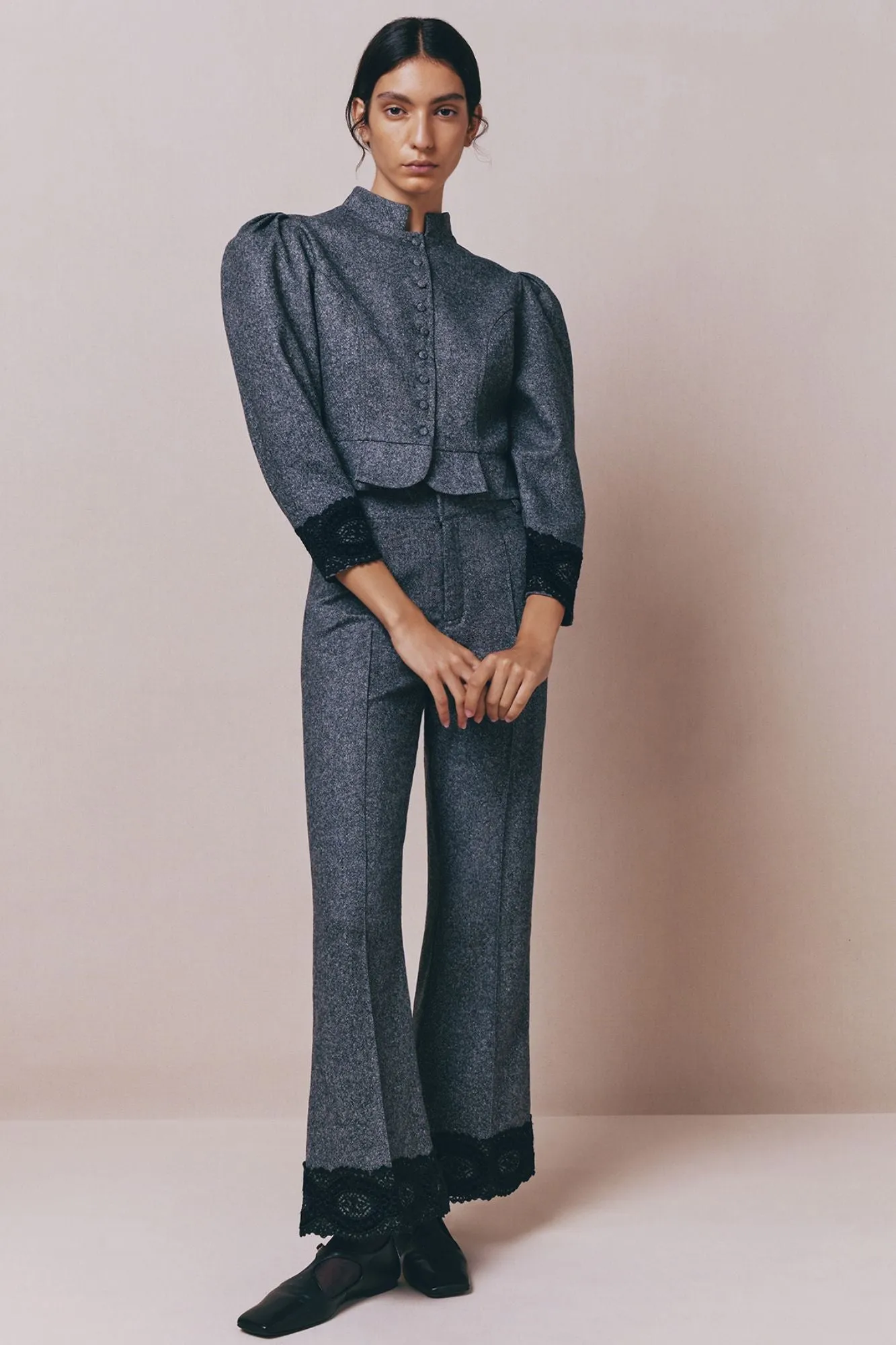 Grey flannel puff sleeves jacket sold by DESTREE