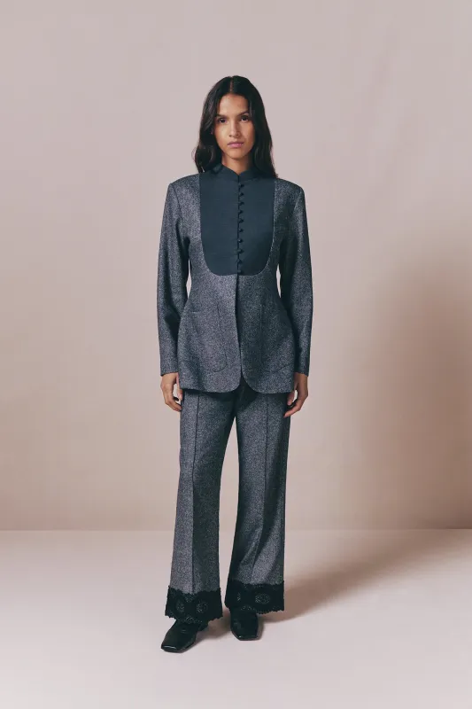 Grey wool-blend jacket with contrast panel and button details sold by DESTREE