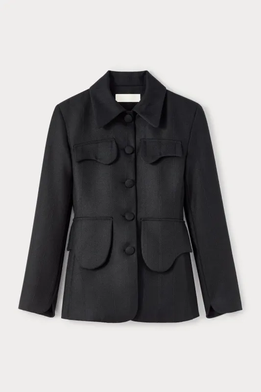 Black utility button-front jacket sold by DESTREE