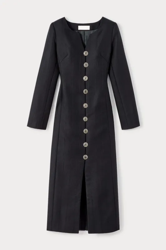 Black long-sleeve dress with refined button details sold by DESTREE