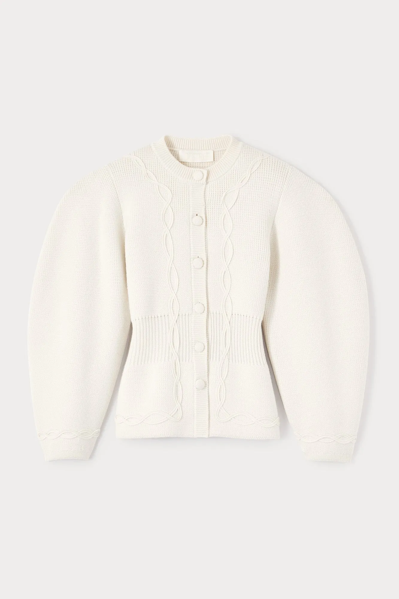 Structured ecru embroidered knit jacket sold by DESTREE