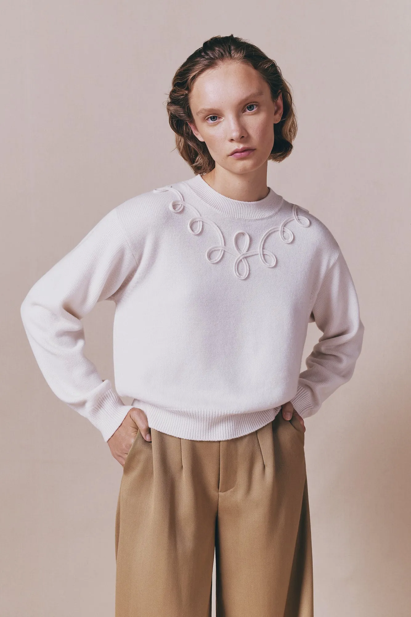 Ecru merino wool sweater with embroidered details sold by DESTREE product image thumbnail 2