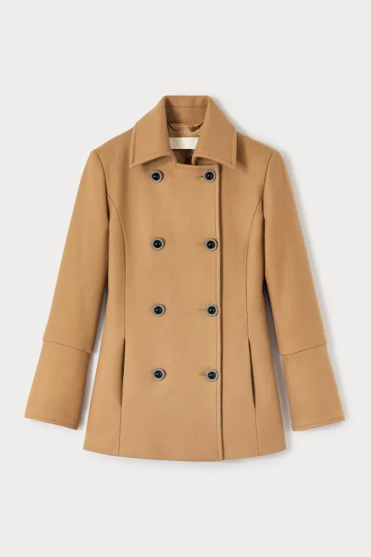 Camel double-breasted virgin wool coat sold by DESTREE