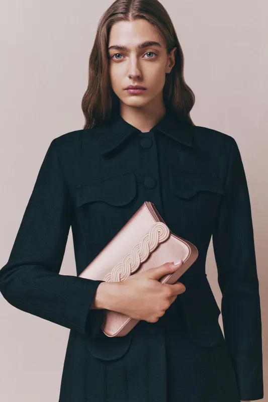 Blush satin clutch with braided passementerie made by DESTREE