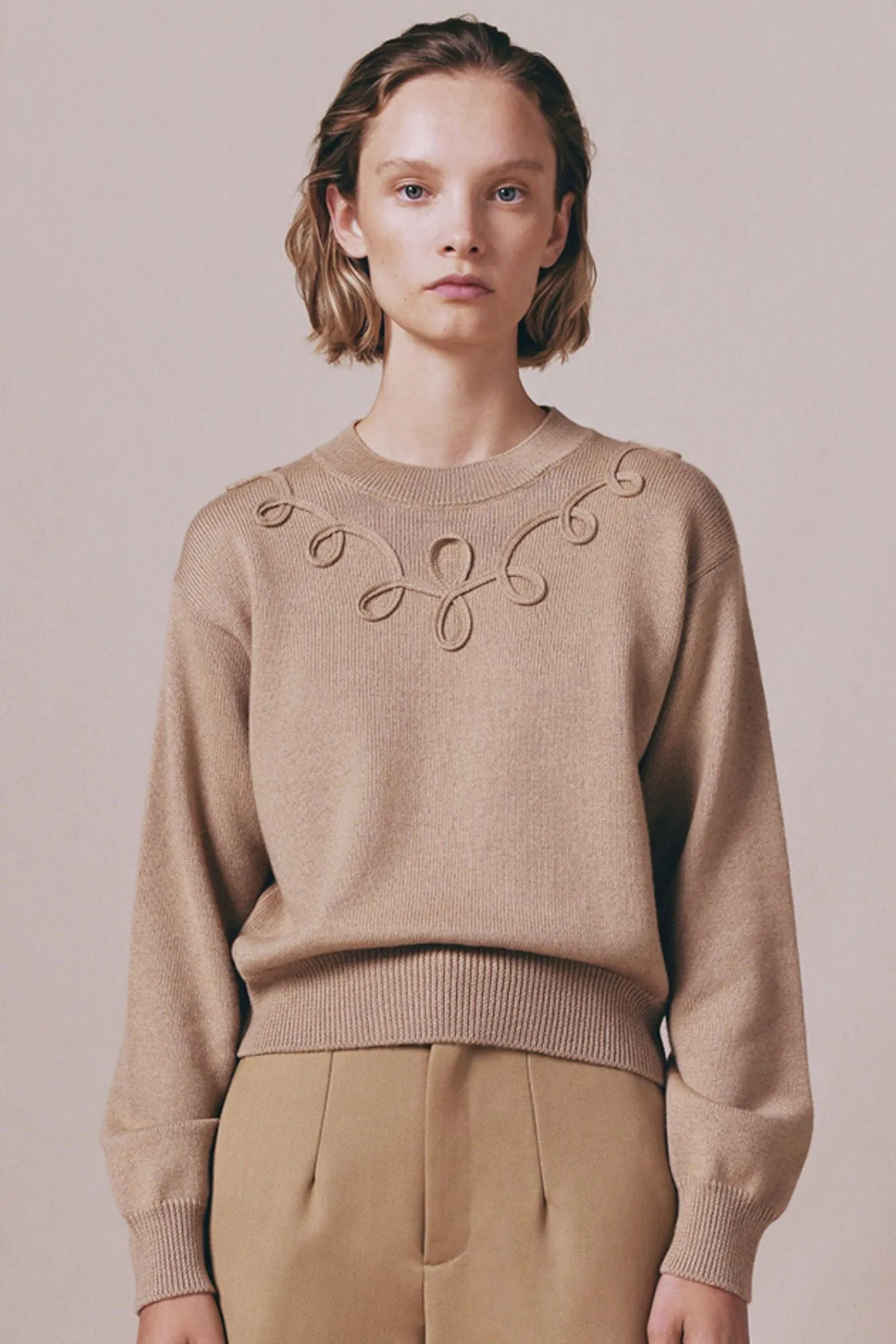 Camel merino wool sweater with embroidered details sold by DESTREE product image thumbnail 3