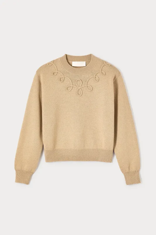 Camel merino wool sweater with embroidered details sold by DESTREE