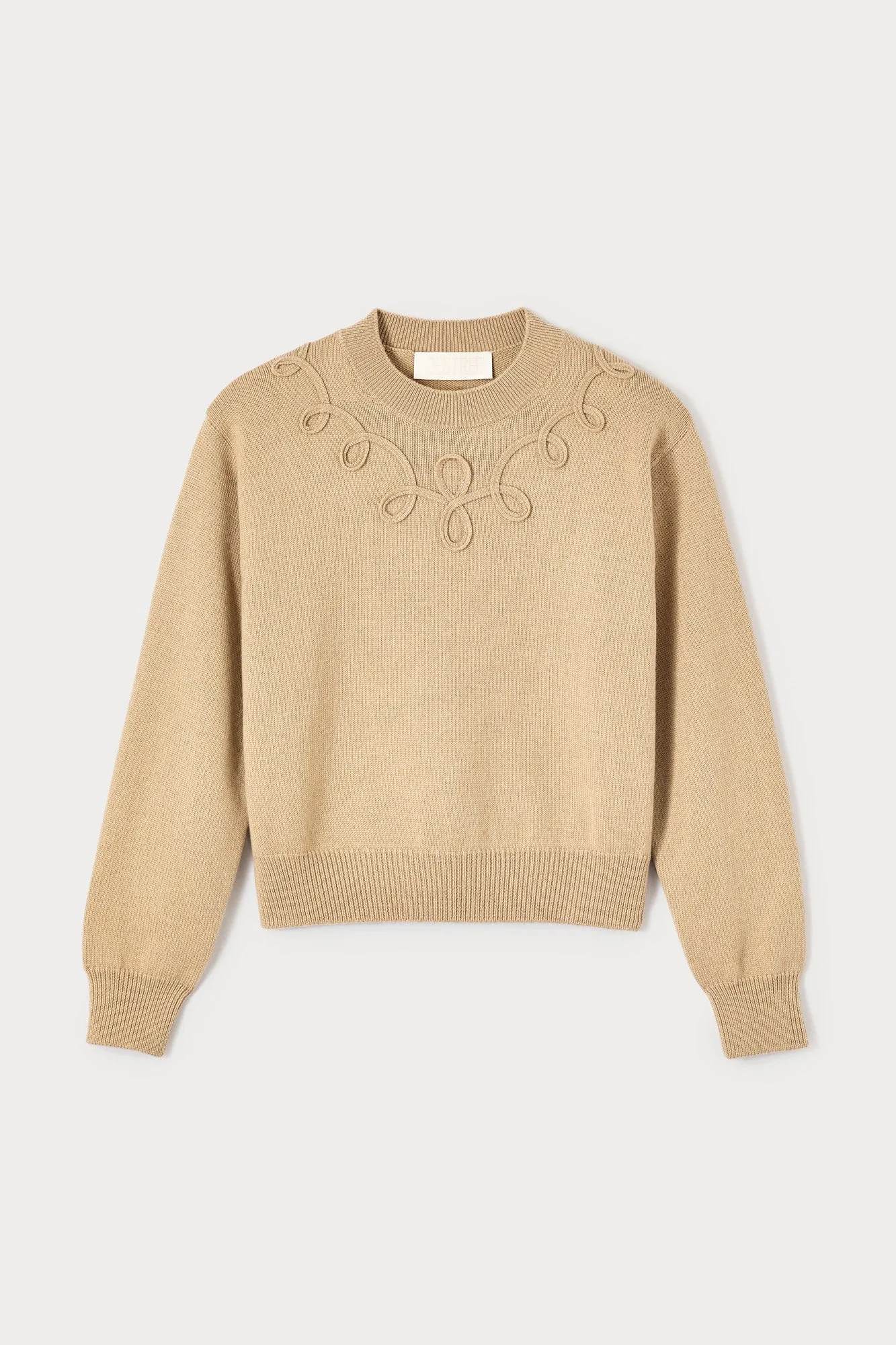 Camel merino wool sweater with embroidered details sold by DESTREE