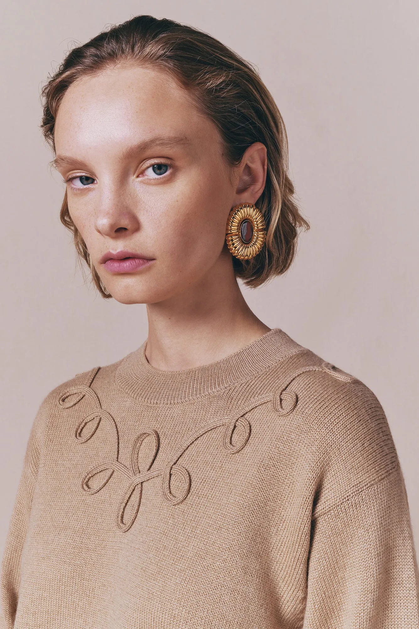 Camel merino wool sweater with embroidered details sold by DESTREE product image thumbnail 4