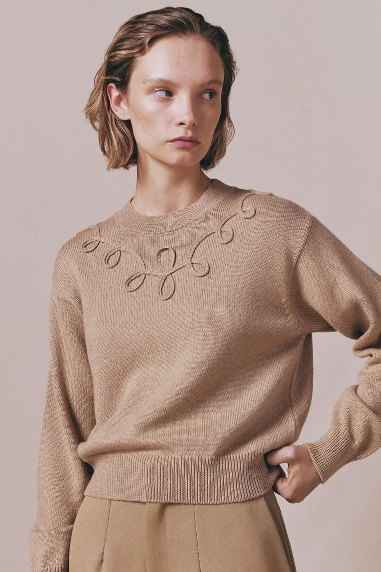 Camel merino wool sweater with embroidered details sold by DESTREE product image thumbnail 2