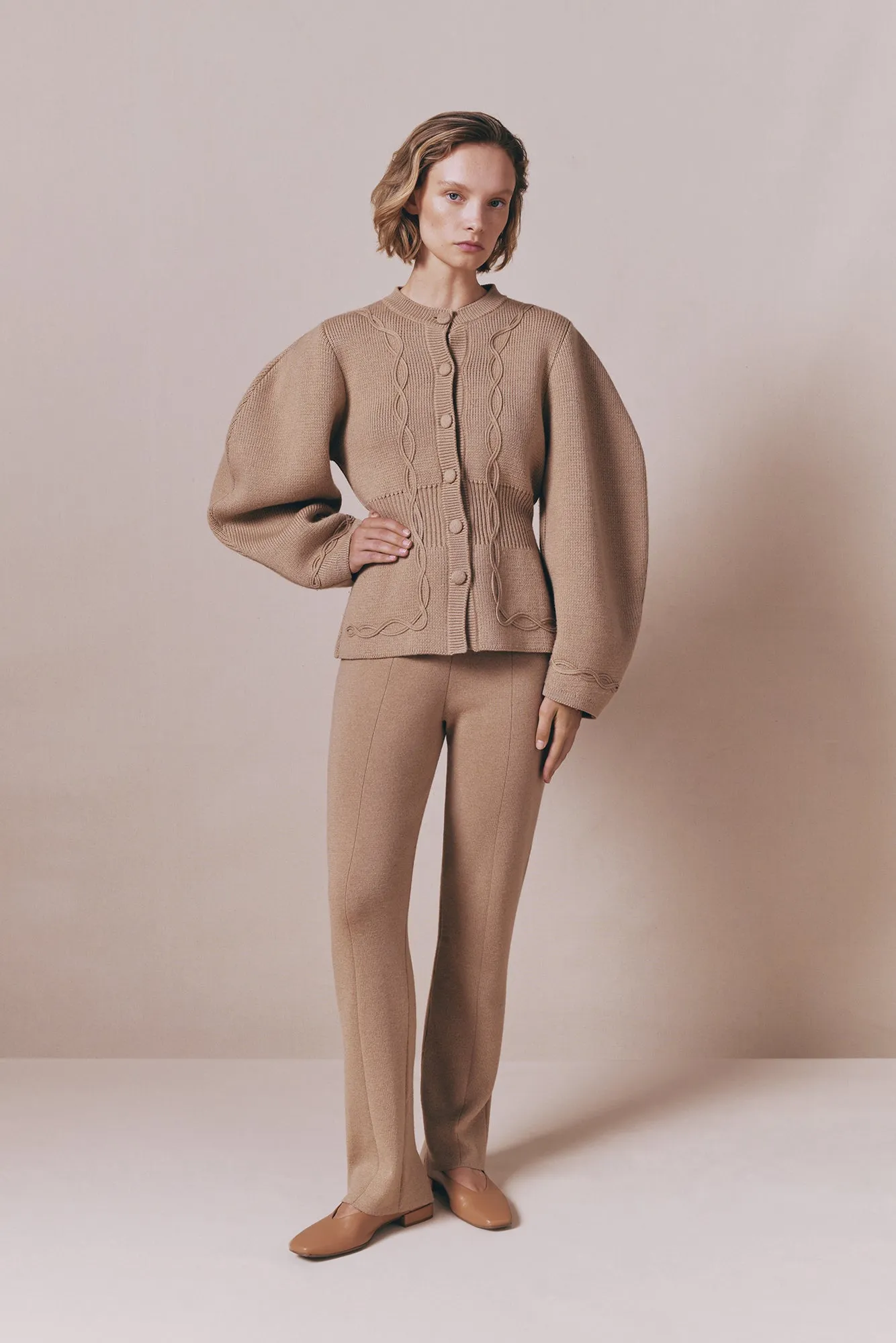 Structured camel embroided knit jacket sold by DESTREE product image thumbnail 2