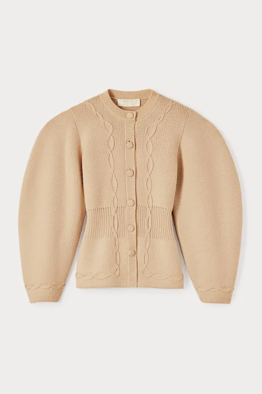Structured camel embroided knit jacket sold by DESTREE