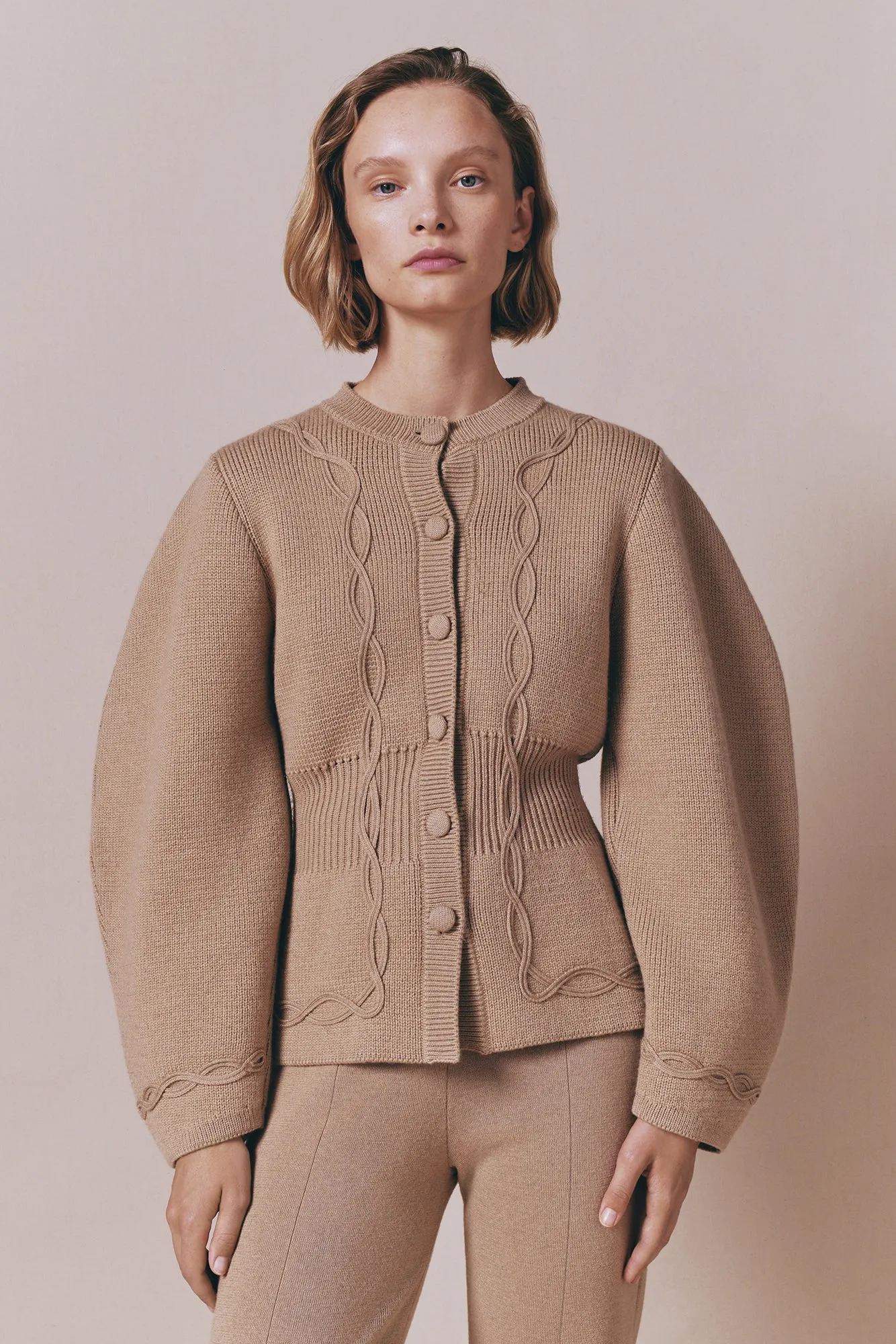 Structured camel embroided knit jacket sold by DESTREE product image thumbnail 3