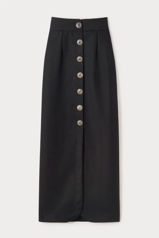 Black virgin wool long skirt with refined buttons sold by DESTREE
