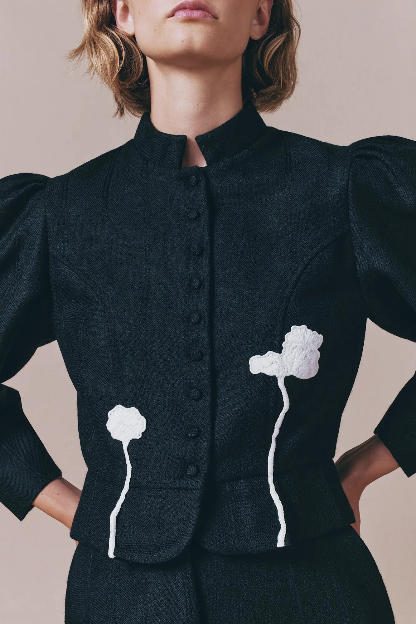 Black virgin wool jacket with puff sleeves and floral embroidery sold by DESTREE product image thumbnail 3