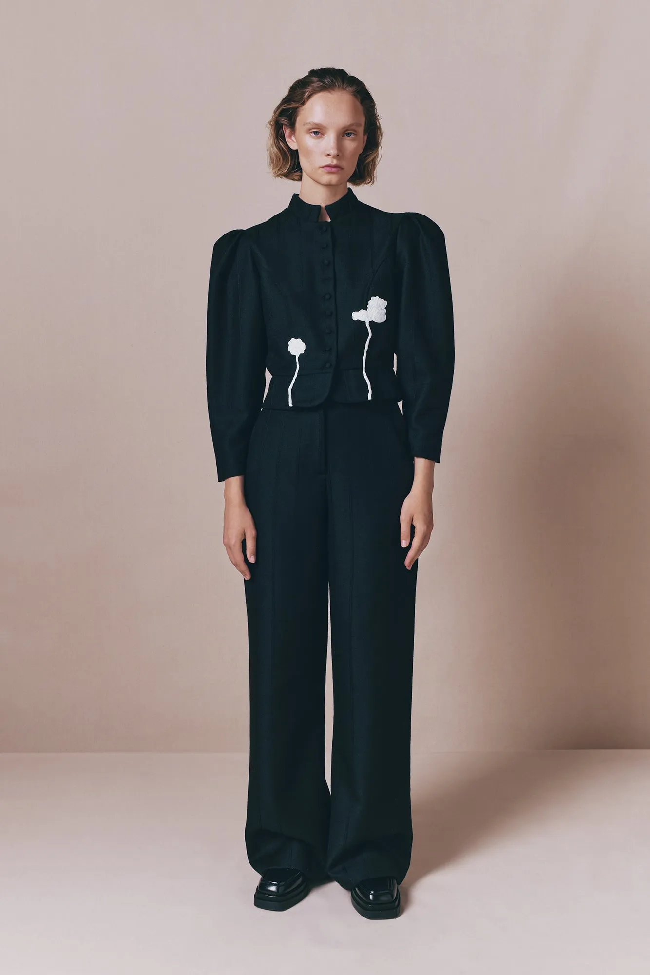 Black virgin wool jacket with puff sleeves and floral embroidery sold by DESTREE product image thumbnail 4