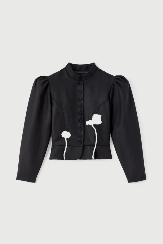 Black virgin wool jacket with puff sleeves and floral embroidery made by DESTREE